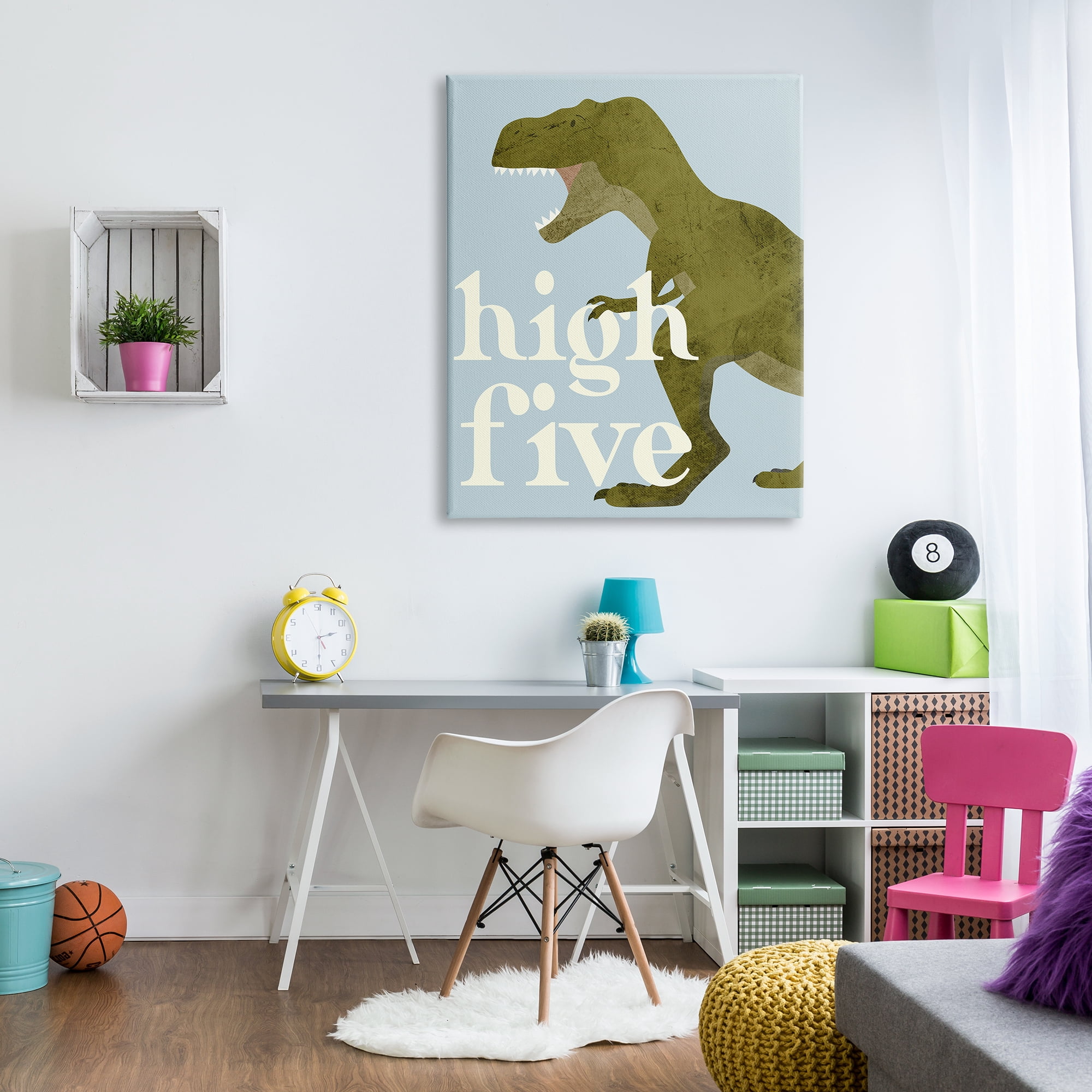 Stupell Industries High Five Roaring Dinosaur T-Rex Kids Typography Graphic Art Gallery Wrapped Canvas Print Wall Art, Design by Daphne Polselli