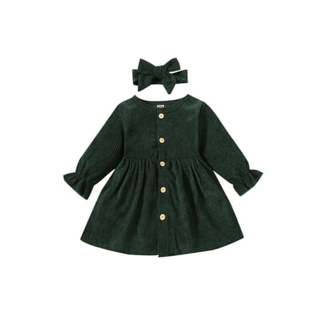 

Kids Toddler Baby Girl Solid Buttons Corduroy Dress Princess Party Skirt + Headband Outfit Set