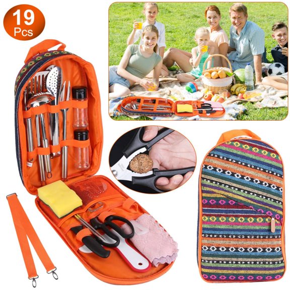 Hassch Portable Camping Kitchen Utensil Set with Storage Bag, 19 Piece Cookware Set, Outdoor Cooking and Grilling Equipment, Travel Set for Picnic, BBQ, Orange