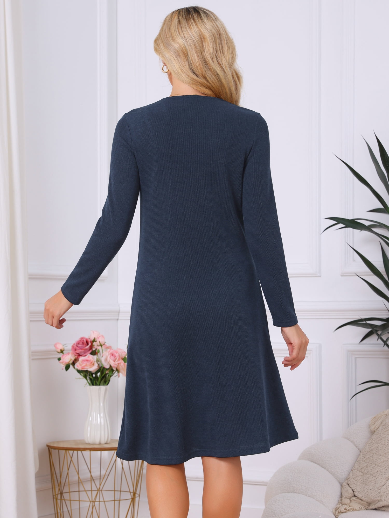 DARING DIVA Women's Knit Long Sleeve V Neck A-Line Midi Pockets Dress M Dark Blue