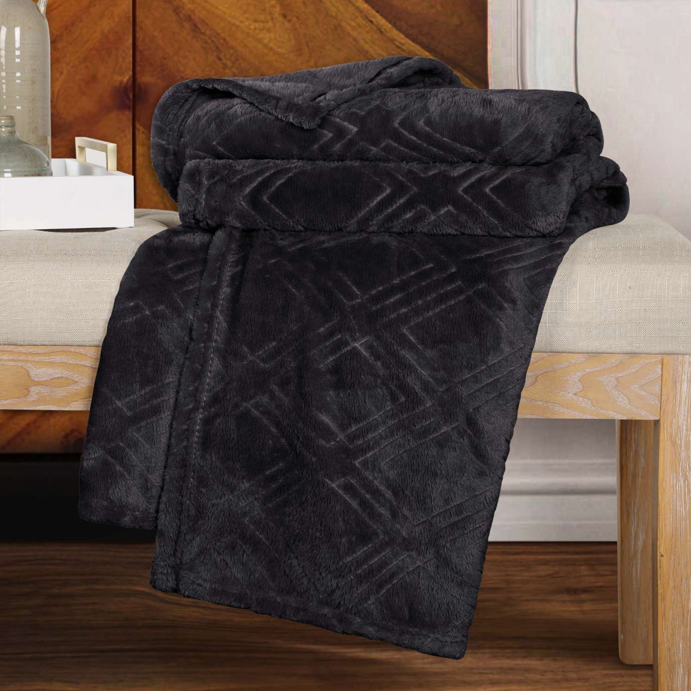 Superior Atka Fleece Diamond Blanket, 66" x 90" Soft Cozy Blankets, Twin Size, Black