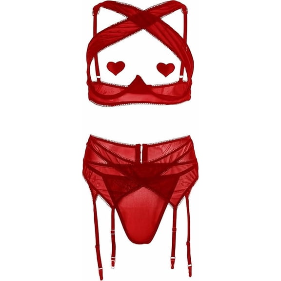 Strappy Underwire Bra & High-Waist Garter Belt Set with Thong, Red (S–XL)