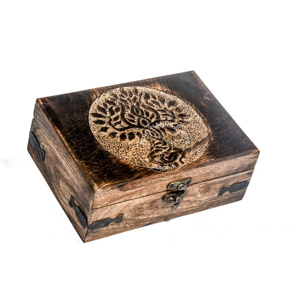 Handmade Wooden Urn Tree of Life Engraving Handcarved Jewellery Box for Women-Men | Decorative Boxes | Storage & Organiser (7" x 5.5" x 3.5", Tree - 1)