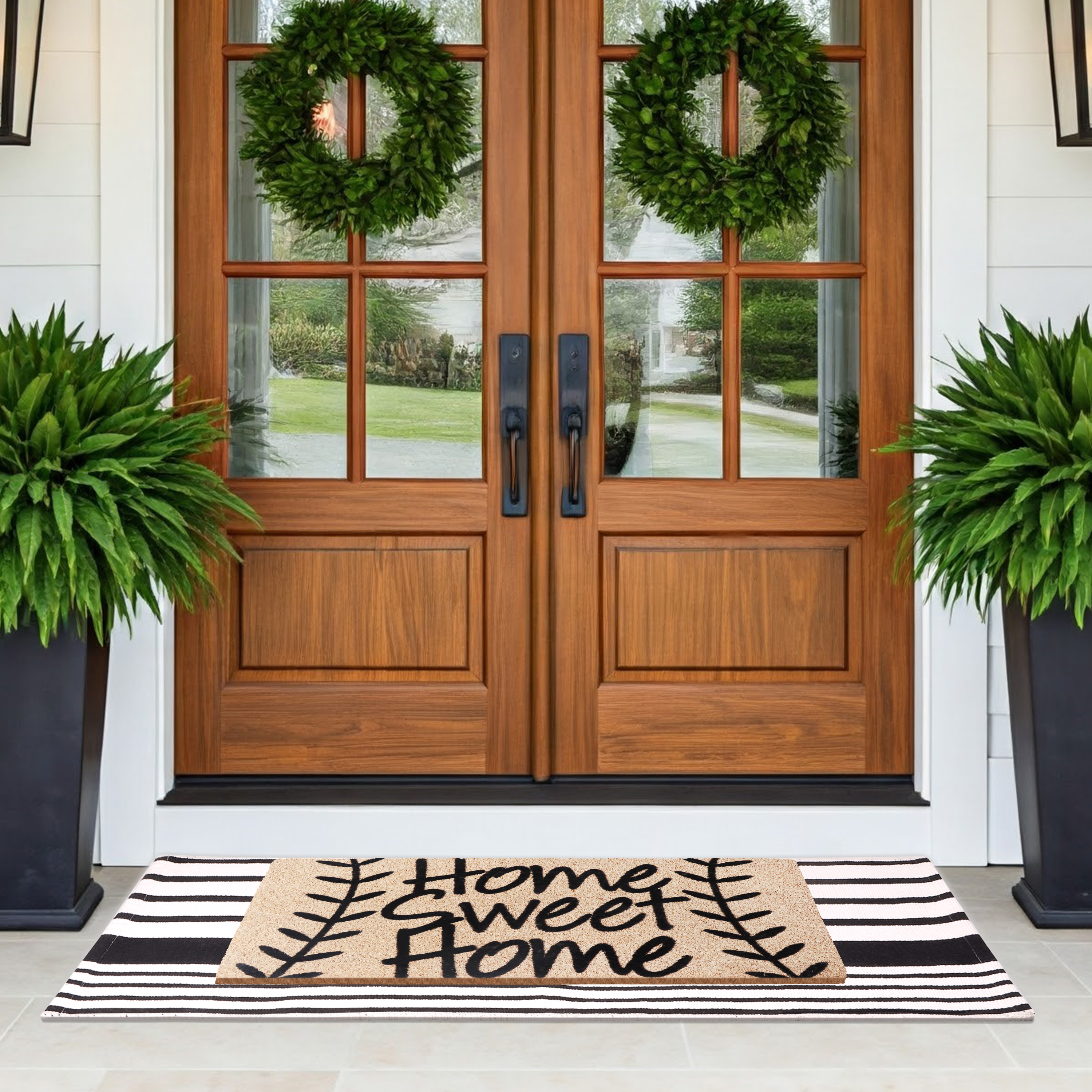 A1HC Coir Welcome Mat and Black & White Striped Cotton Rug Combo Set, 24"x36" & 24"x51", Hand-Woven Washable Entryway Décor