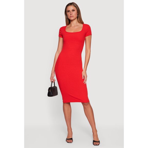 Women's Rib Knit Short Sleeve Square Neck Midi Dress