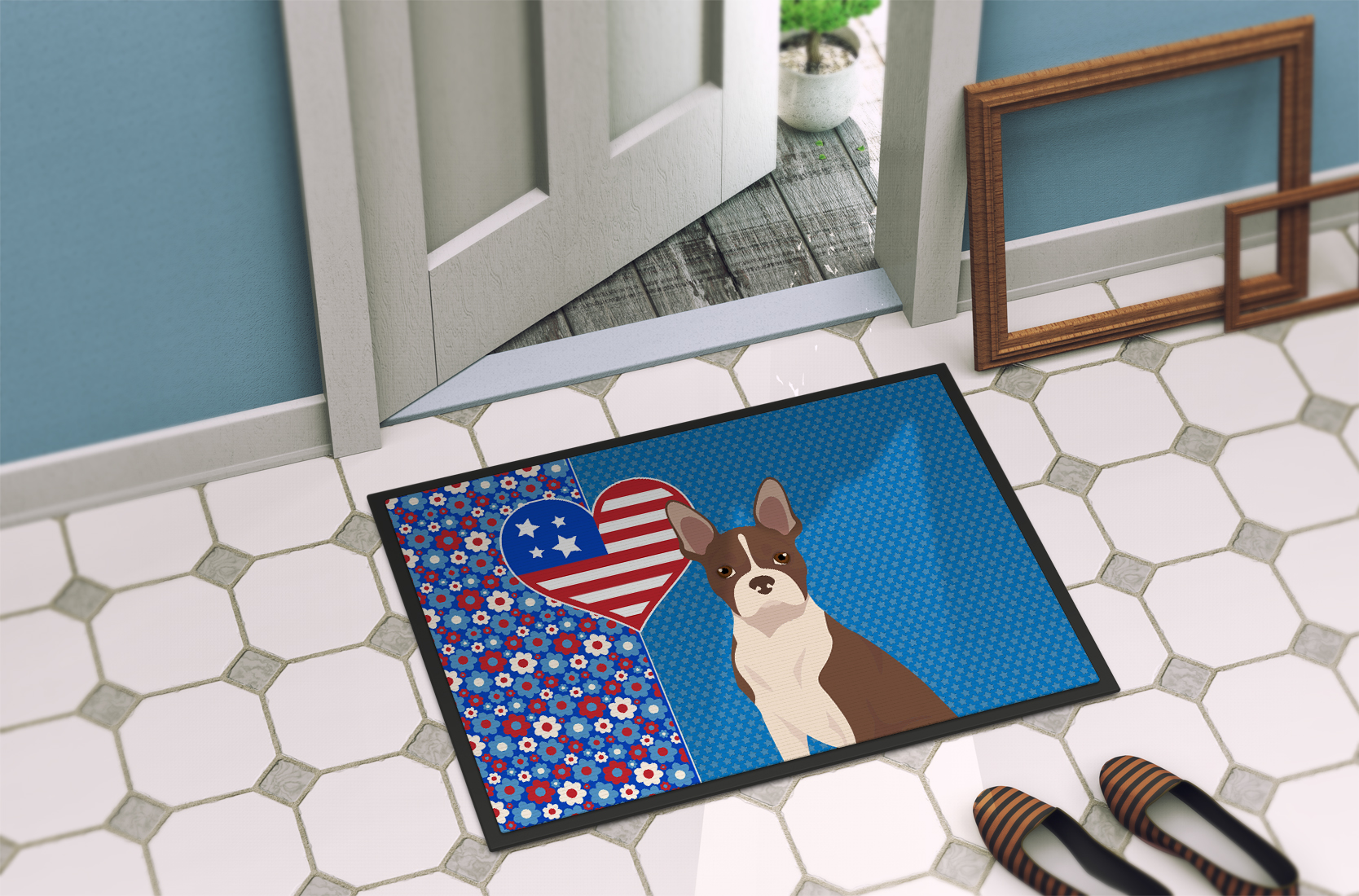 Red Boston Terrier Indoor or Outdoor Mat 24x36 36 in x 24 in