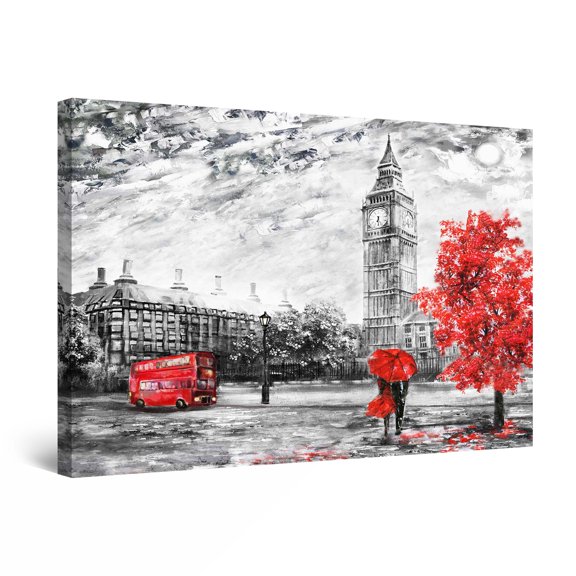 Startonight Canvas Wall Art Abstract - Black and White London City Red Accents Painting - Framed 24" x 36" 