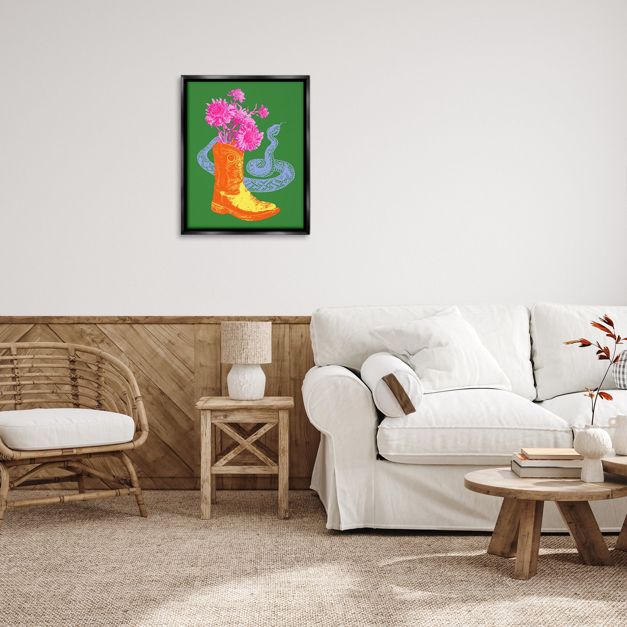 Stupell Industries Modern Snake & Boot Botanical & Floral Painting Black Floater Framed Canvas Art Print Wall Art, 25 x 31