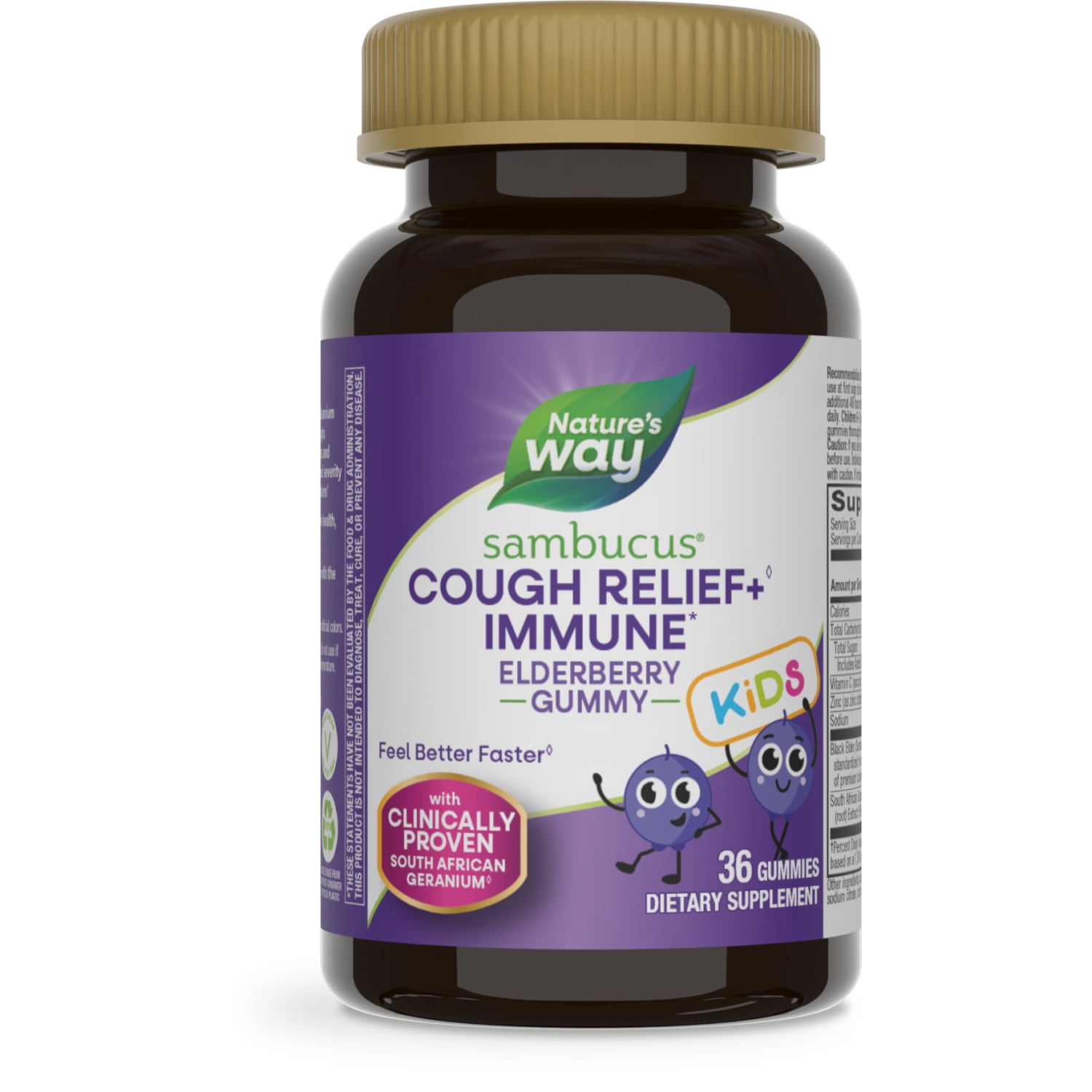 (2 pack) Nature's Way Sambucus Kids Cough Relief +◊ Immune* Gummies, Elderberry Extract & Vitamin C, 36 Count
