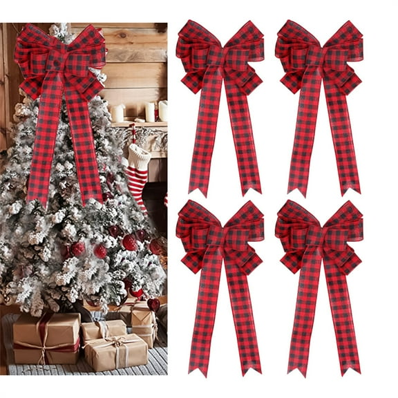 4 Pieces Christmas Plaid Wreath Bows 16x8.3 Inch Large Plaid Christmas Wreath Bows Xmas Check Bows Ornaments Christmas Tree Topper Bow for Christmas Tree Indoor Outdoor Decorations(Red and Black)