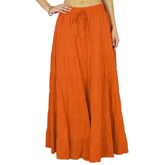 Phagun Women's Summer Cotton Orange Skirt Ethnic Design Drawstring Waist - 18