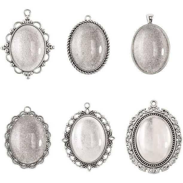 Bandejas ovaladas para colgantes - 6 piezas, 6 formas diferentes, bandejas tibetanas para colgantes, engastes de bisel y 6 cabujones de vidrio de 40x30 mm con cúpula transparente