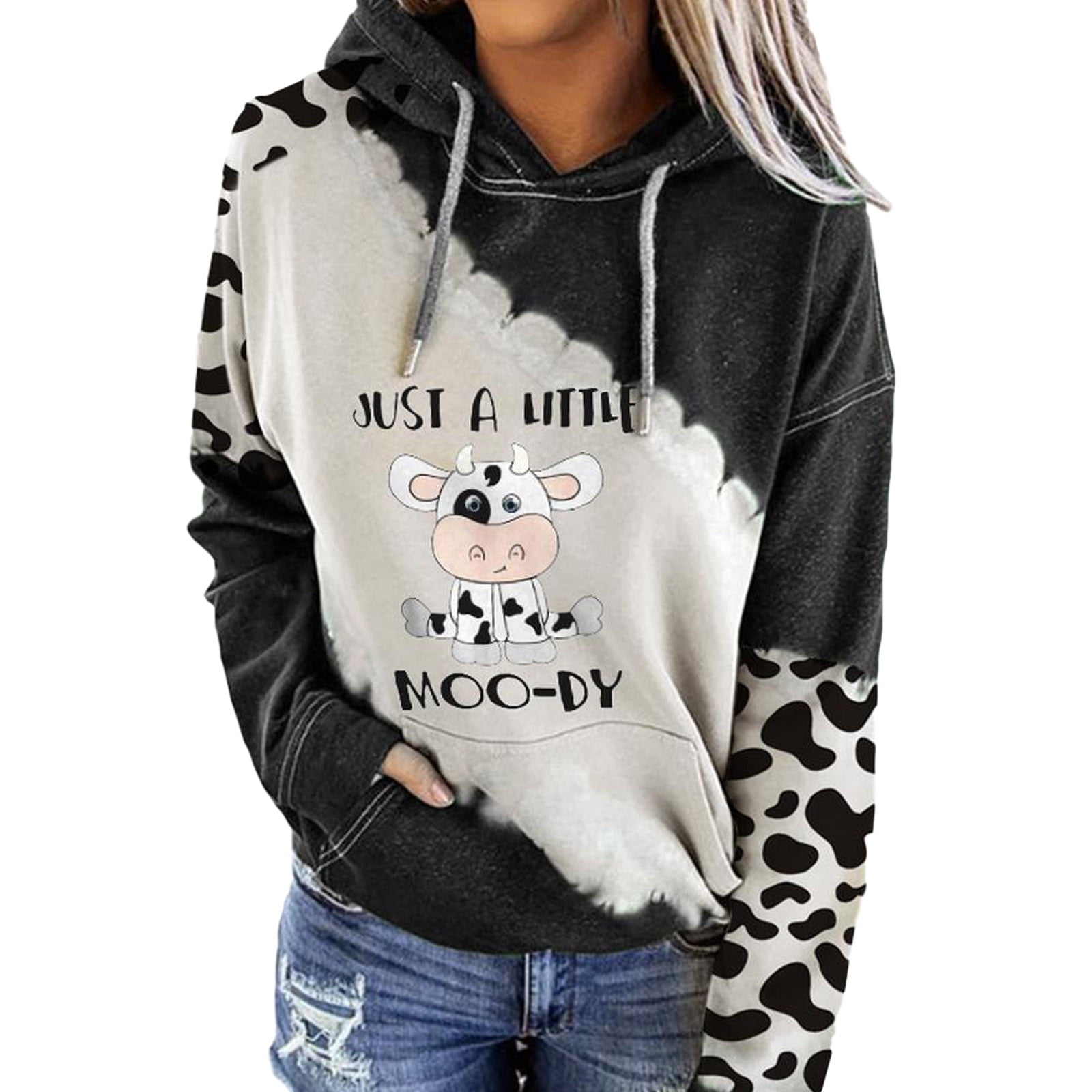 Women Hoodies Clearance Fashion Women Long Sleeve Color Block Cow Print