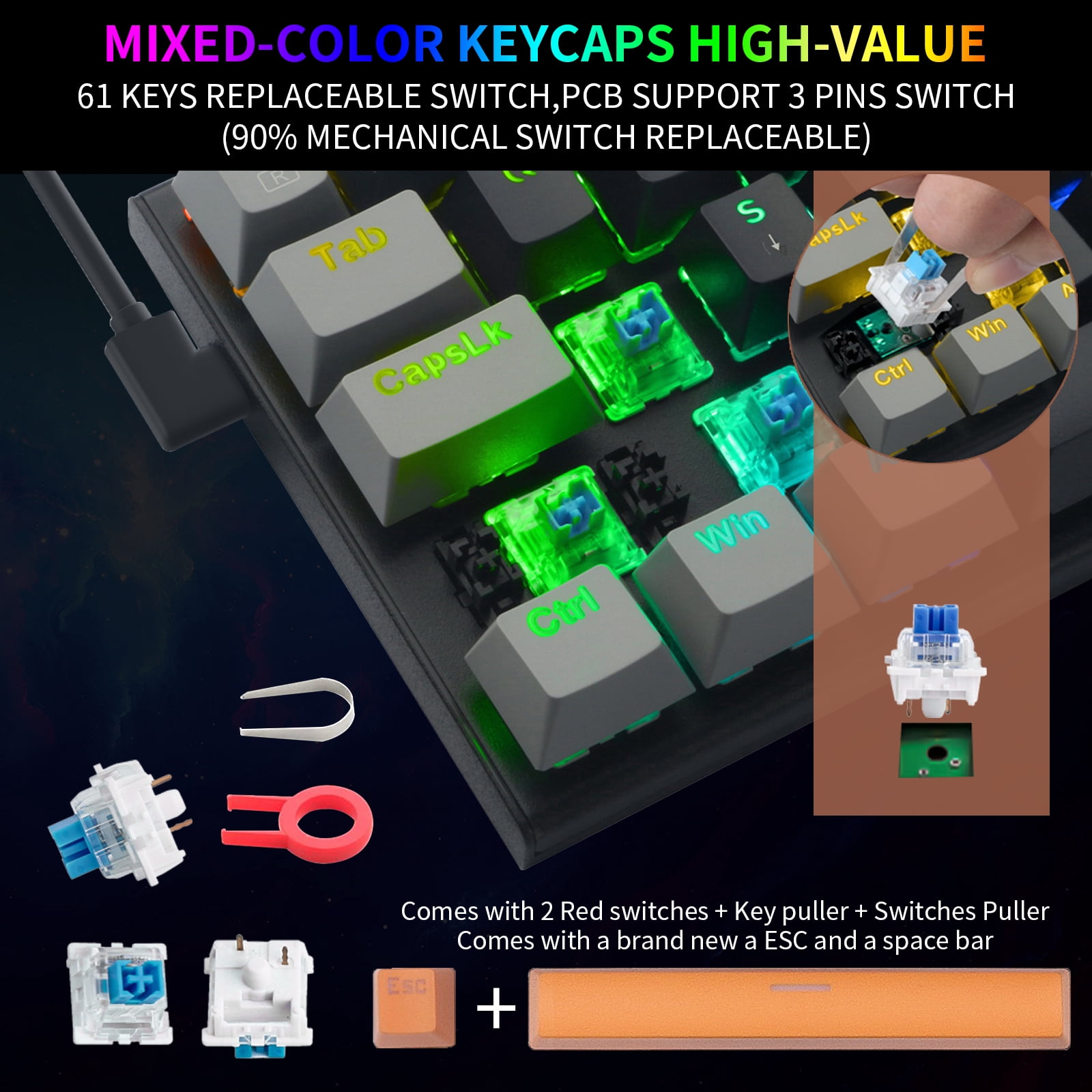 60% Wired Mechanical Gaming Keyboard, E-YOOSO RGB Backlit Ultra-Compact 61 Keys Hot Swappable Mini Waterproof Wired Office Keyboard with Blue Switches for Windows, Mac OS Gamers (Black Grey)