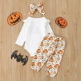 thumbnail image 4 of CONFREE Toddler Baby Girl Halloween Outfits Long Sleeve Cute Pumpkin Print Bodysuit Pants With Hairband 3Pcs Hallowmas Outfit Set Fall Clothing Set, 4 of 9