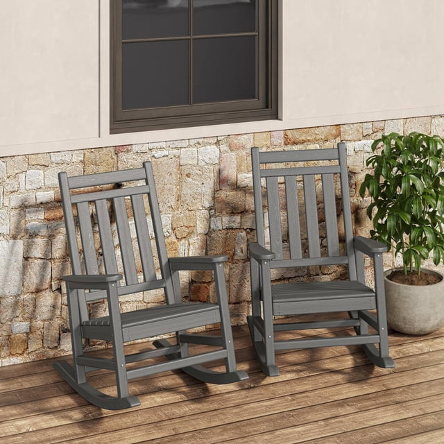 Patio Furniture HDPE Rocking Chair Outdoor Set of 2 Poly High Back Porch Rocker Chairs for Adults All Weather Resistant Furniture for Patio Front Porch Gray