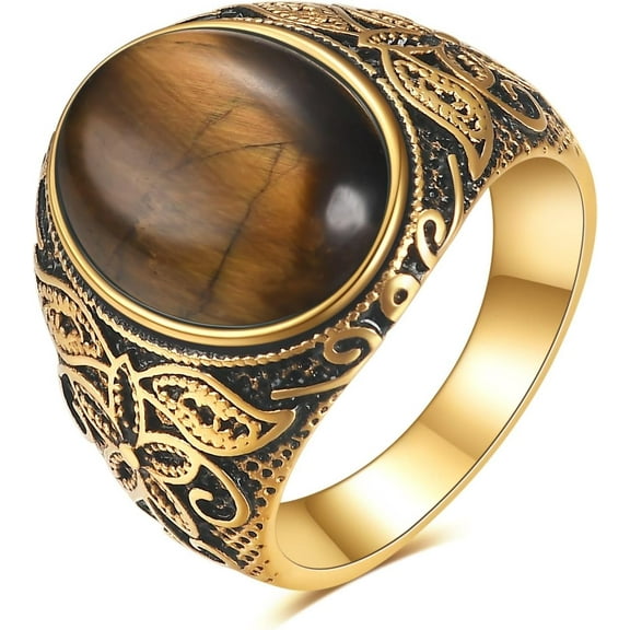 Retro Large Tiger Eye Stone Turquoise Wedding Ring For Men Classical Gothic Stainless Steel Rings