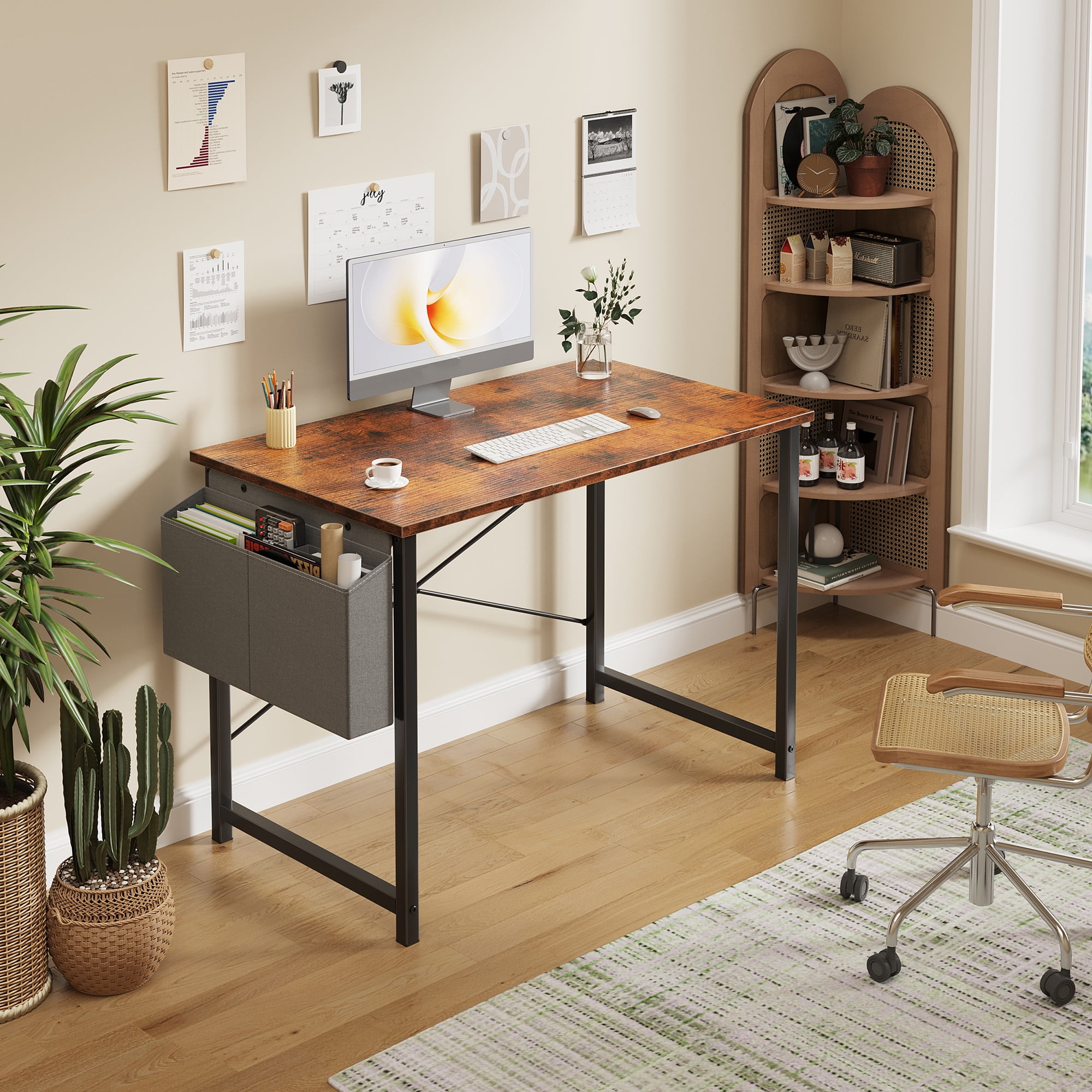 CONCETTA 40 Inch Computer Writing Desk with Storage Bag, Steel Frame for Home Office Study, Brown