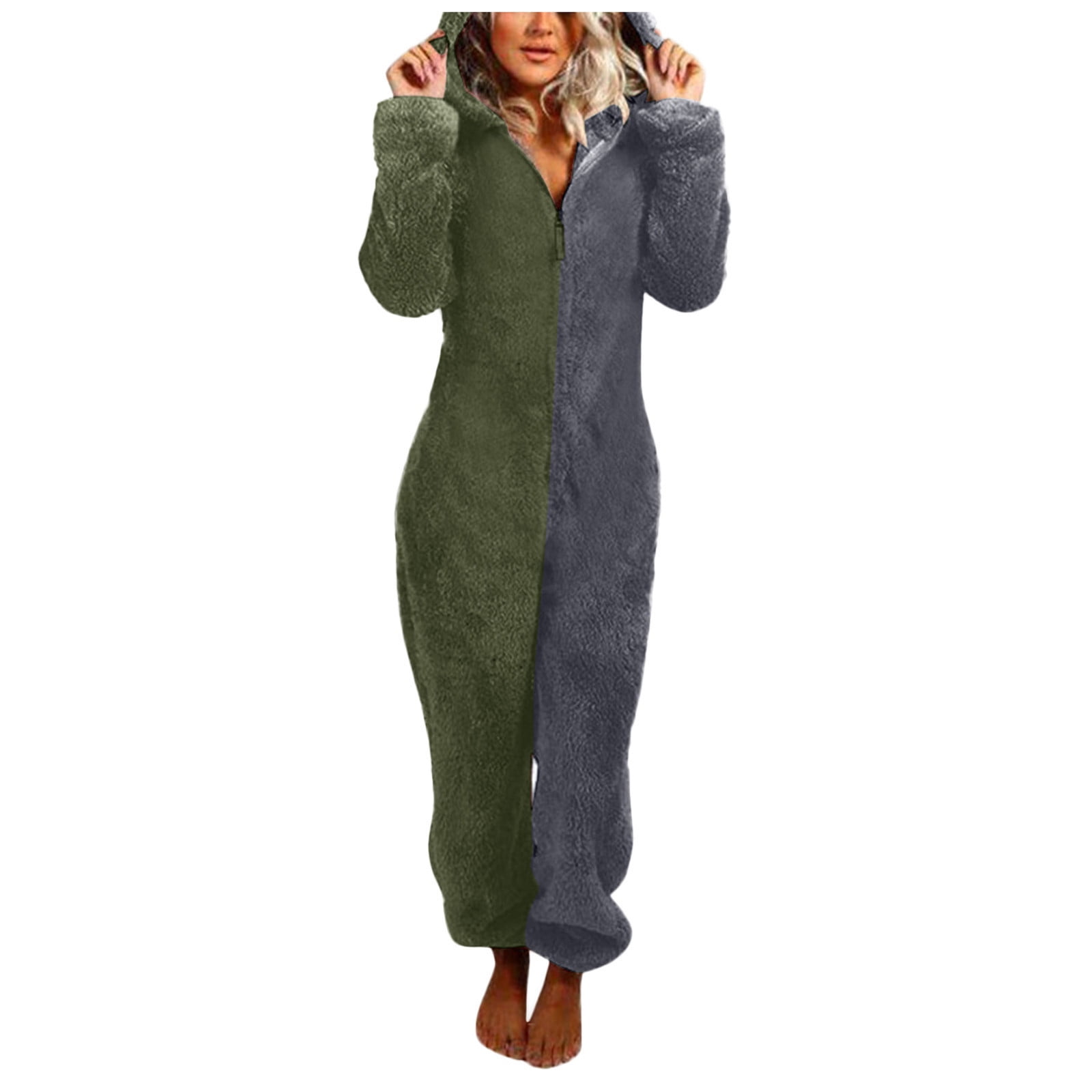 JURANMO Womens Winter Warm Hooded Fleece Sherpa Jumpsuits,2024 Women Long Sleeve Trendy Contrast Color Patchwork Full Zip Jumpsuit Pajamas with Two Cute Ears Casual Plus Size Rompe Sleepwear