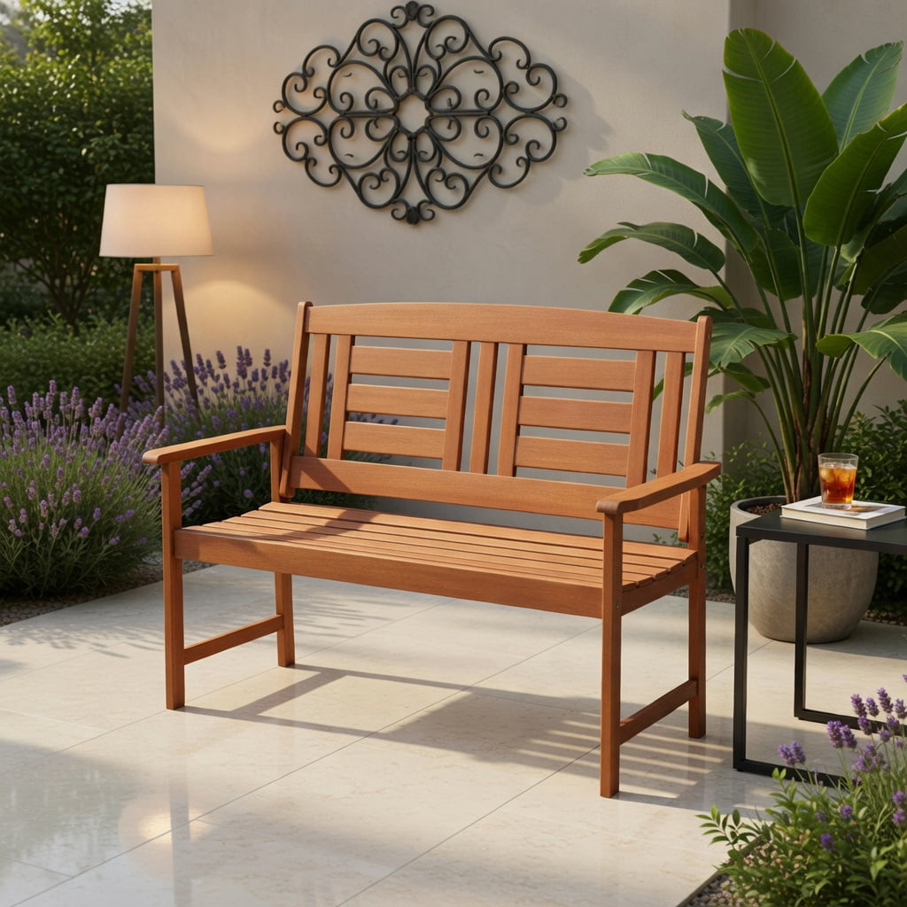 Hommoo Teak Outdoor Solid Wood Loveseat Bench, 2-Seat Patio Bench with Ergonomic 108° Backrest, Slatted Seat & Reinforced Crossbar for Garden, Balcony & Deck, Natural