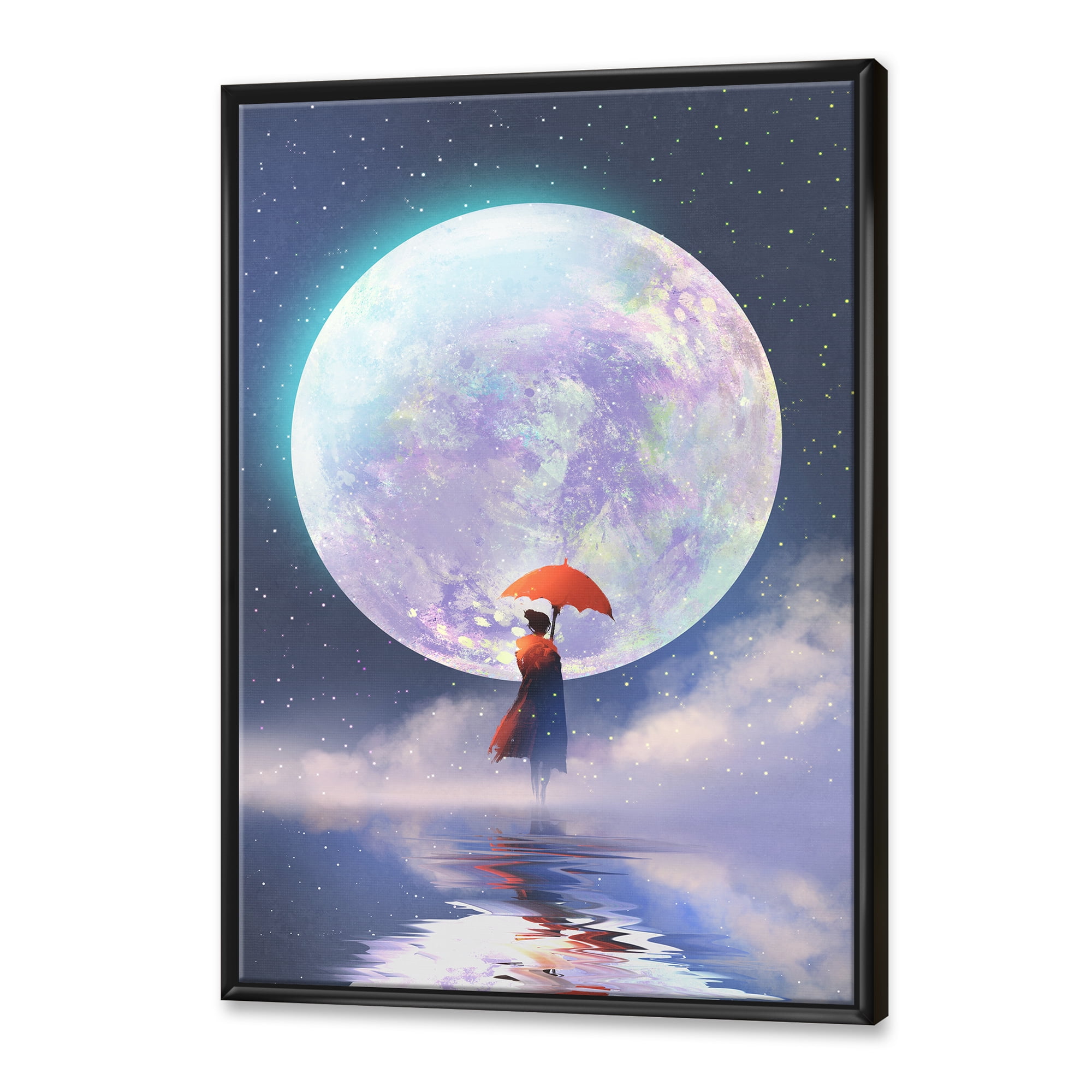 Designart 'Girl With Umbrella Standing On Water Against Moon' Traditional Framed Canvas Wall Art Print