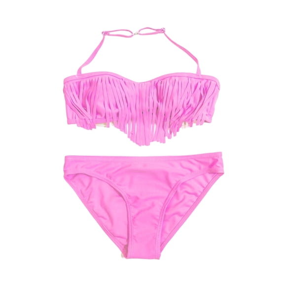 LIIPEE Girls Bikinis Swimsuit Sets 2 Piece Set Kids Casual Summer Solid Color Tie Back Tassel Fringe Backless Bikini Tops And Briefs Comfortable Fashion Cute Beach Pool Party Swimwear,14-15 Years