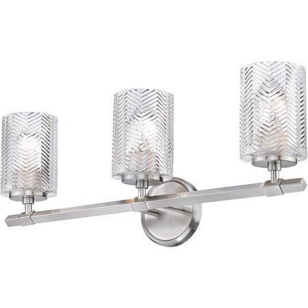 

Brushed Nickel Tone Finish Bathroom Vanity 25 Wide Clear Glass Shade Steel Material Medium 3 Light Fixture