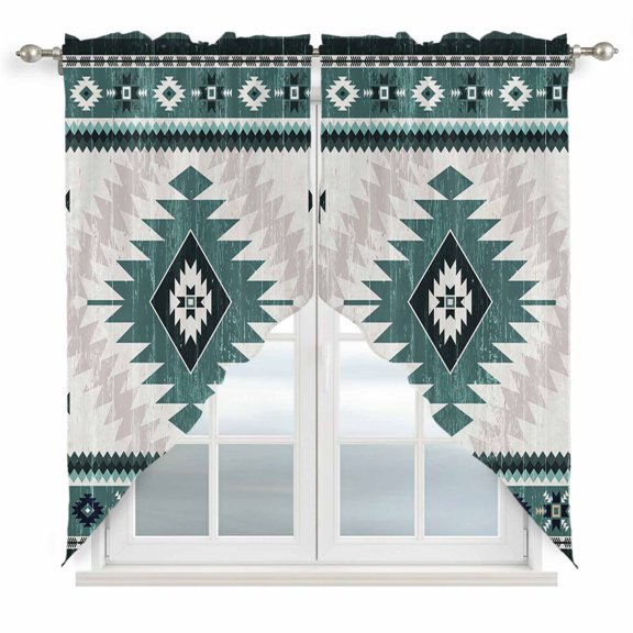 Green Beige Boho Kitchen Window Curtains, Swag Curtains Valance for Bedroom Living Room Bathroom, Vintage Ethnic Tribal Southwestern Rod Pocket Window Treatment Curtain Block Drapes 2 Panels 36"x36"