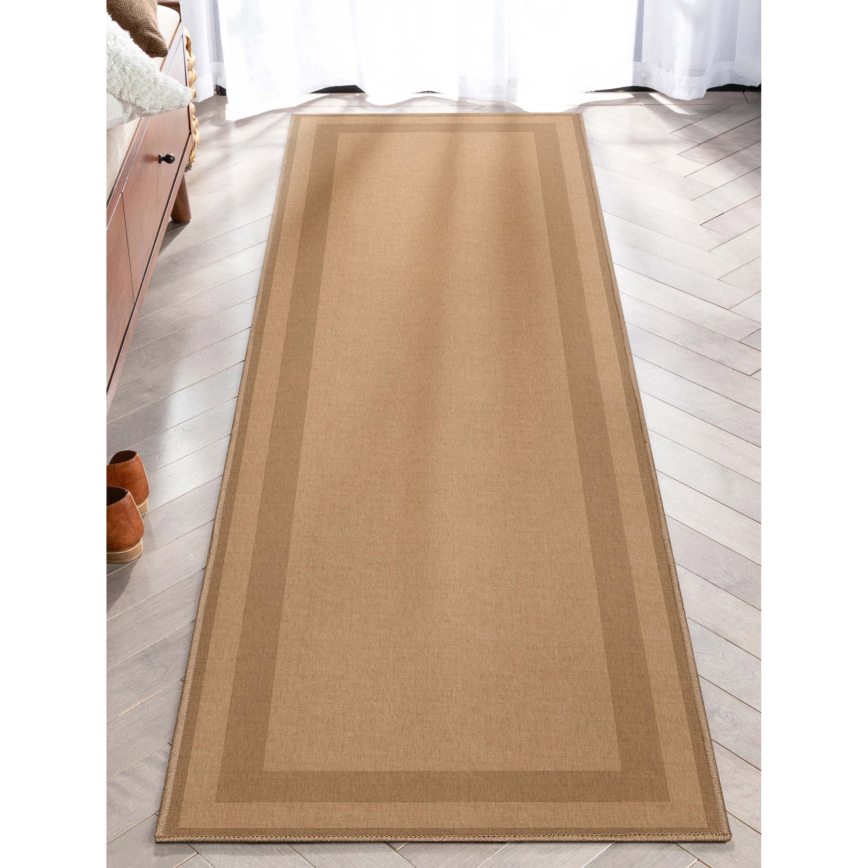 Well Woven Modern Plain Border Brown Flat Pile Easy to Clean 2'3" x 7'3" Runner Rug for Living Room Stairs Hallway and Kitchen