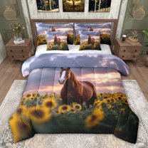 jejeloiu Farm Animal Horse 7-Piece Twin Bedding Sets,Rustic Plant Sunflower Bedding Comforter Set For Boys Girl Reversible