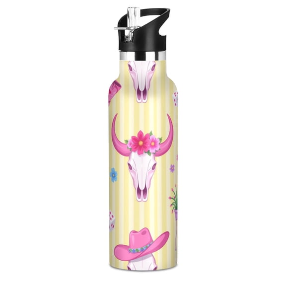 600ml Stainless Steel Water Bottle with Straw/Handle Bike Water Bottle, Pink-west Printed