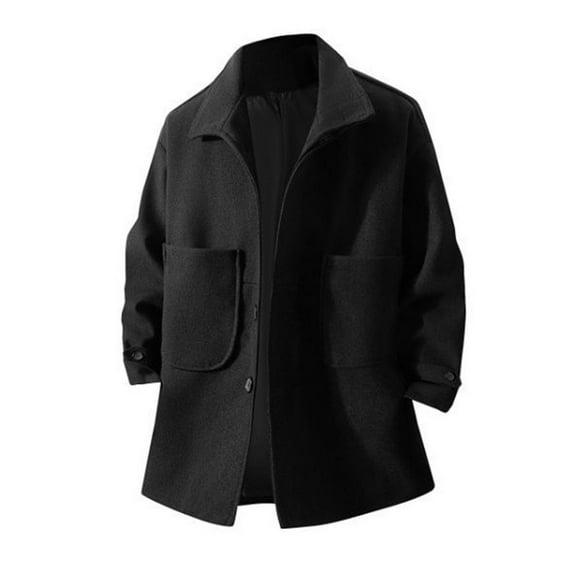 Handshe Men's Trench Coat, Fashionable Solid Color Long Sleeve with Notched Lapel, Button Closure Utility Design Wool-Blend Overcoat for Fall Winter Daily Commute