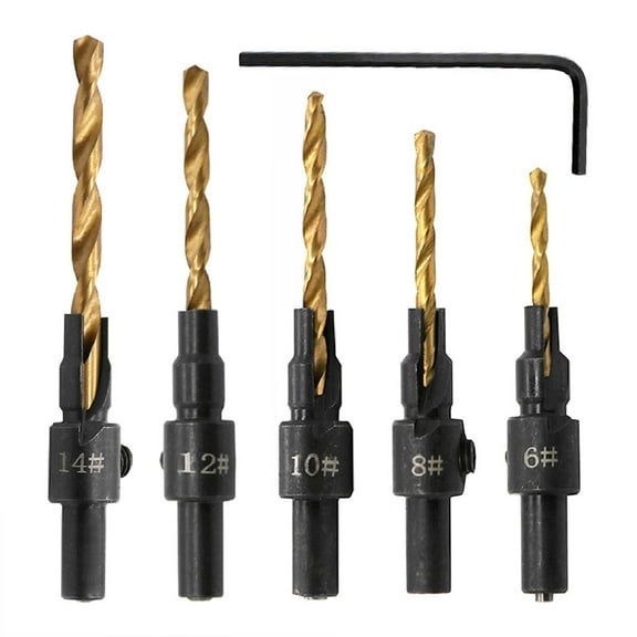 5PCS 1/4 inch Round Shank Titanium Plated Wood Hole Drilling Bits Set Screw Carpentry Chamfer Hole Opener Set Woodworking Screw Cap Taper Hole Drill Punch Tools #6#8#10#12#14