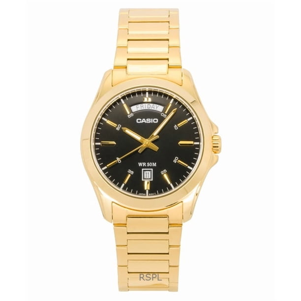 Casio Reloj Estándar Analógico de Cuarzo con Esfera Negra y Acero Inoxidable en Tono Dorado MTP-1370G-1AV para Hombre
