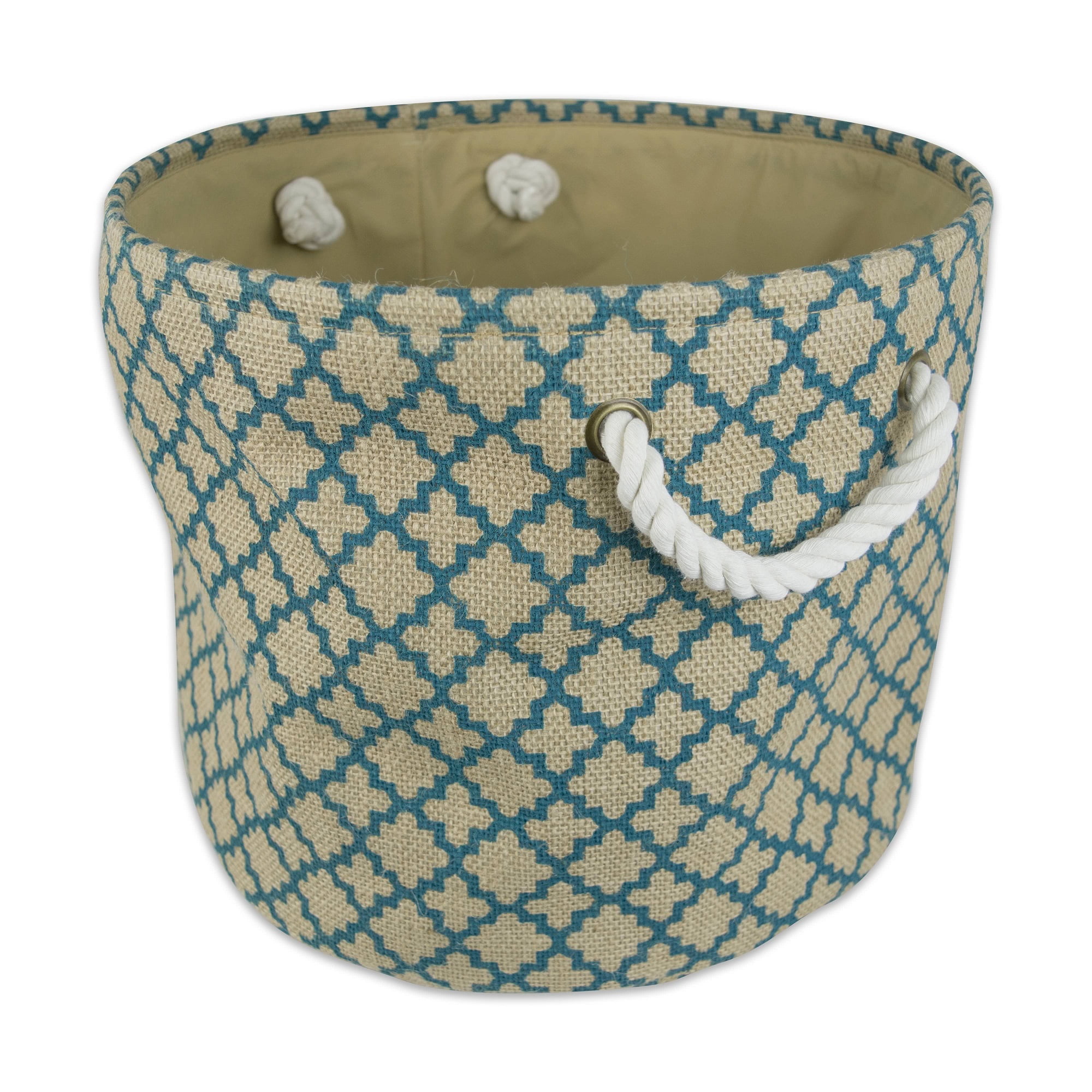 12" Brown and Teal Burlap Round Small Bin with Rope Handles Walmart