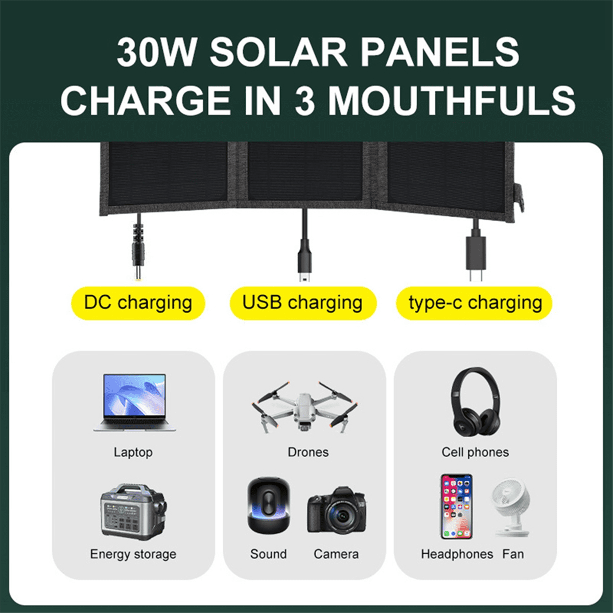 30W 18V Folding Solar Panel Type-C Usb Photovoltaic Charger Outdoor Mobile Phone Fast Charging Mobile Power Bank-Gray