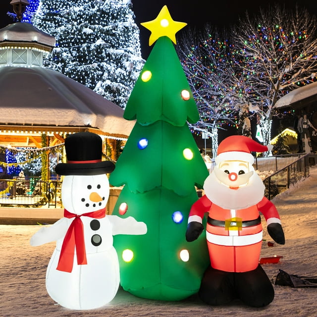 Patiojoy 6FT Inflatable Christmas Tree & Santa Claus w/ LEDs & Air Blower Blow Up Yard Decoration Inflates Christmas Tree & Snow Man w/ Tethers & Stakes