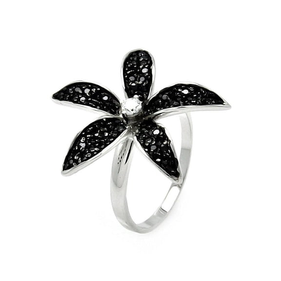 Black Rhodium Plated Sterling Silver 925 Small Round Flower Ring CZ Jewelry Female Size 5