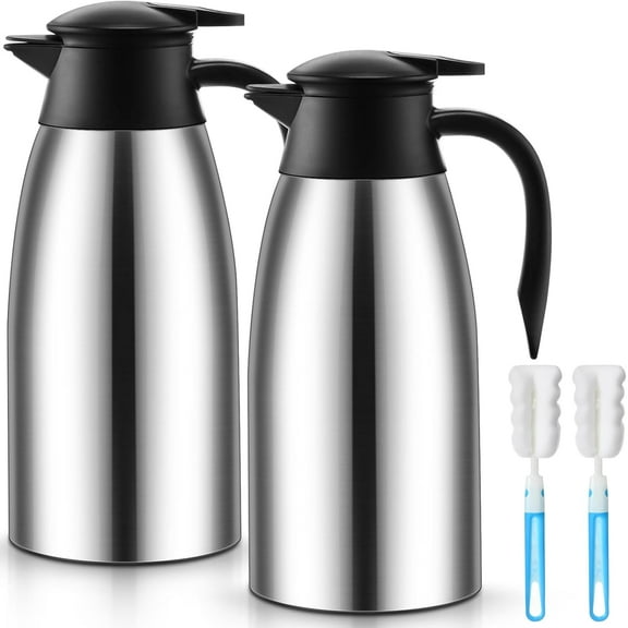 2 Pcs Thermal Coffee Carafe Insulated Stainless Steel Coffee Carafe for Hot Liquid Vacuum Thermal Pot Creamer Pitcher Dispenser with Brushes Keeping Hot Water Milk(Silver,68 oz)