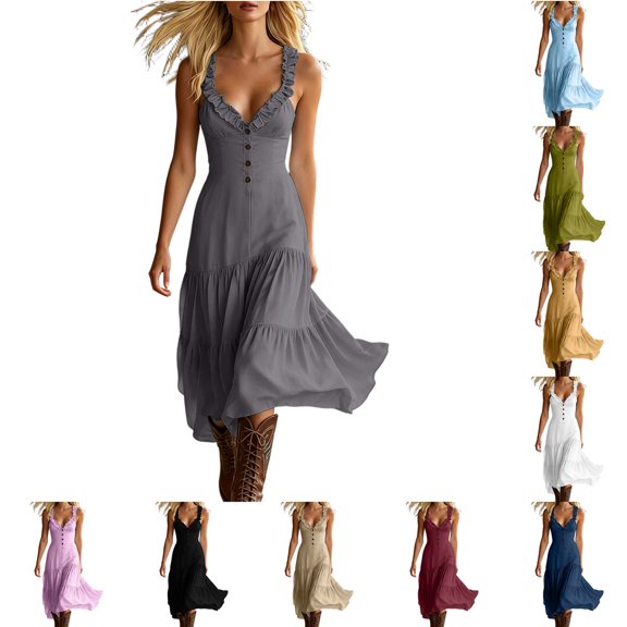 DYTTDG Women's Ruffle Trim Tiered Midi Dress | V-Neck Spaghetti Strap Flowy Dress with Decorative Button, Casual Summer Flutter Dress