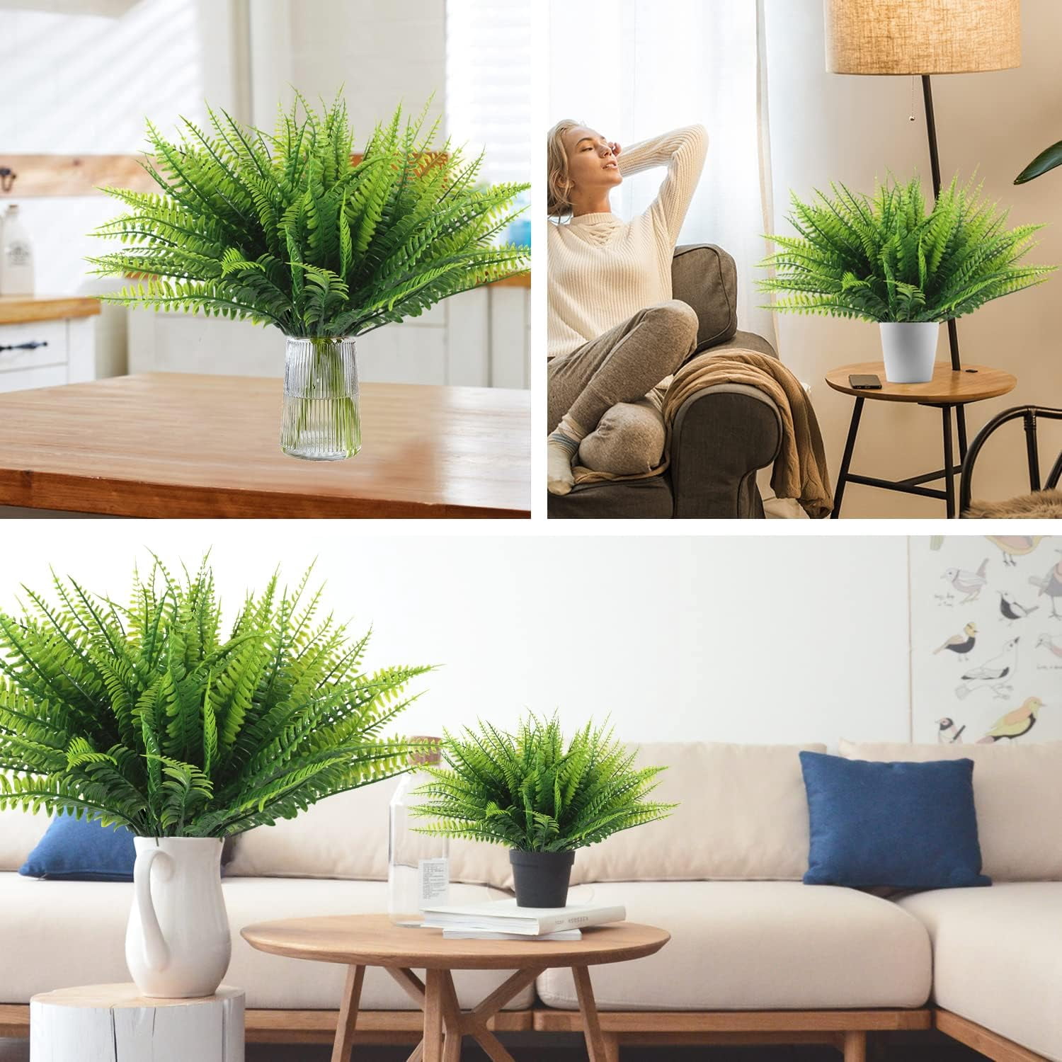 12 Bundles Artificial Ferns for Outdoors UV Resistant Artificial Outdoor Plants Faux Fern Greenery Fake Fern Faux Boston for Indoor Home Outside Ground Porch Garden Arrangements. (Green)