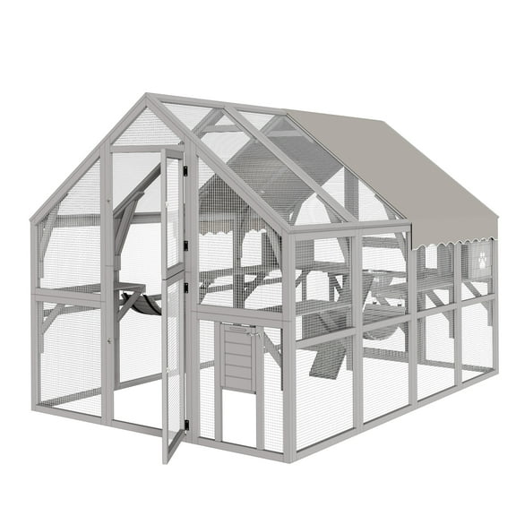 Uforic 110" Catio Outdoor Cat Enclosure Large Wooden Cat House with with Weatherproof Roof, Cat Scratcher Ramp, Space Capsule Bed, 2 Bridges, 2 Resting Houses, 7 Platforms for Multiple Cats