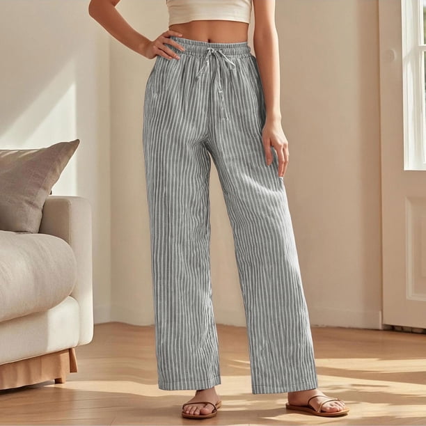 WILLBEST Pantalones Casuales de Verano para Mujer, con Rayas, Cintura Alta, Patchwork, Bolsillos Colgantes, Pierna Recta, Pantalones de Traje Casuales para Mujer Moderna Chica