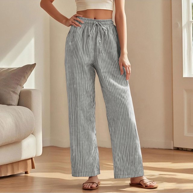WILLBEST Pantalones Casuales de Verano para Mujer, con Rayas, Cintura Alta, Patchwork, Bolsillos Colgantes, Pierna Recta, Pantalones de Traje Casuales para Mujer Moderna Chica