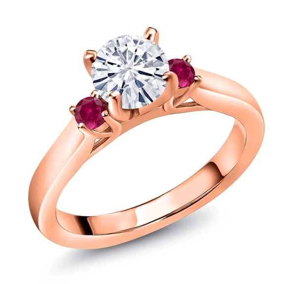 Gem Stone King 18K Rose Gold Plated Silver White Moissanite and Red Created Ruby 3-Stone Engagement Ring for Women (0.92 Cttw, Round 6MM, Gemstone Birthstone, Size 5)