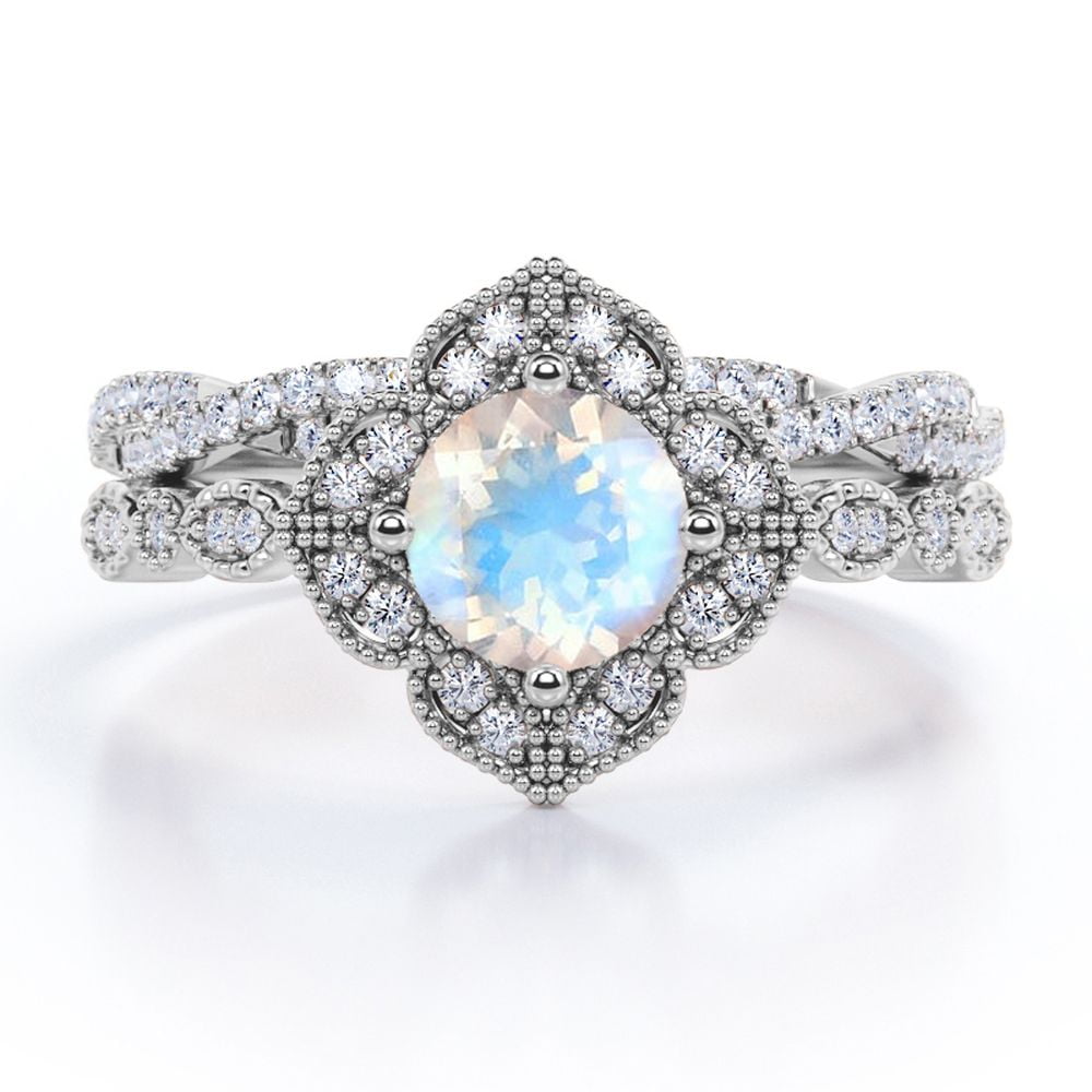 JeenMata Art-Deco Milgrain Floral Cluster 1.75 Carat Round Shape Rainbow Moonstone and Moissanite Crossover Pave Bridal Ring Set in 18K White Gold Plating over Silver