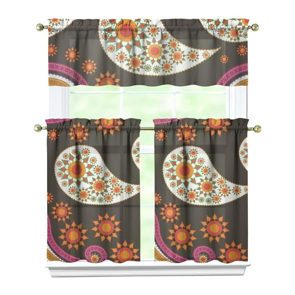 Boho Chic Kitchen Curtains Set of 3 - Abstract Decorative Paisley Print, Mandala Inspired Tier Curtains for Small Windows