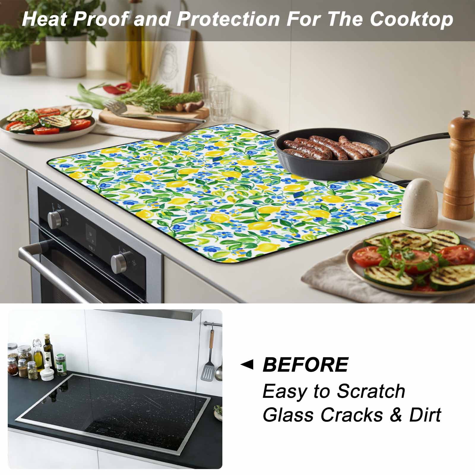 Summer Lemon Stove Top Cover for Electric Stove, Heat-proof & Non Slip Glass Top Stove Cover Protector, Green Botanical Blue Flowers Kitchen Flat Cooktop Rubber Mat 24x21 Inches