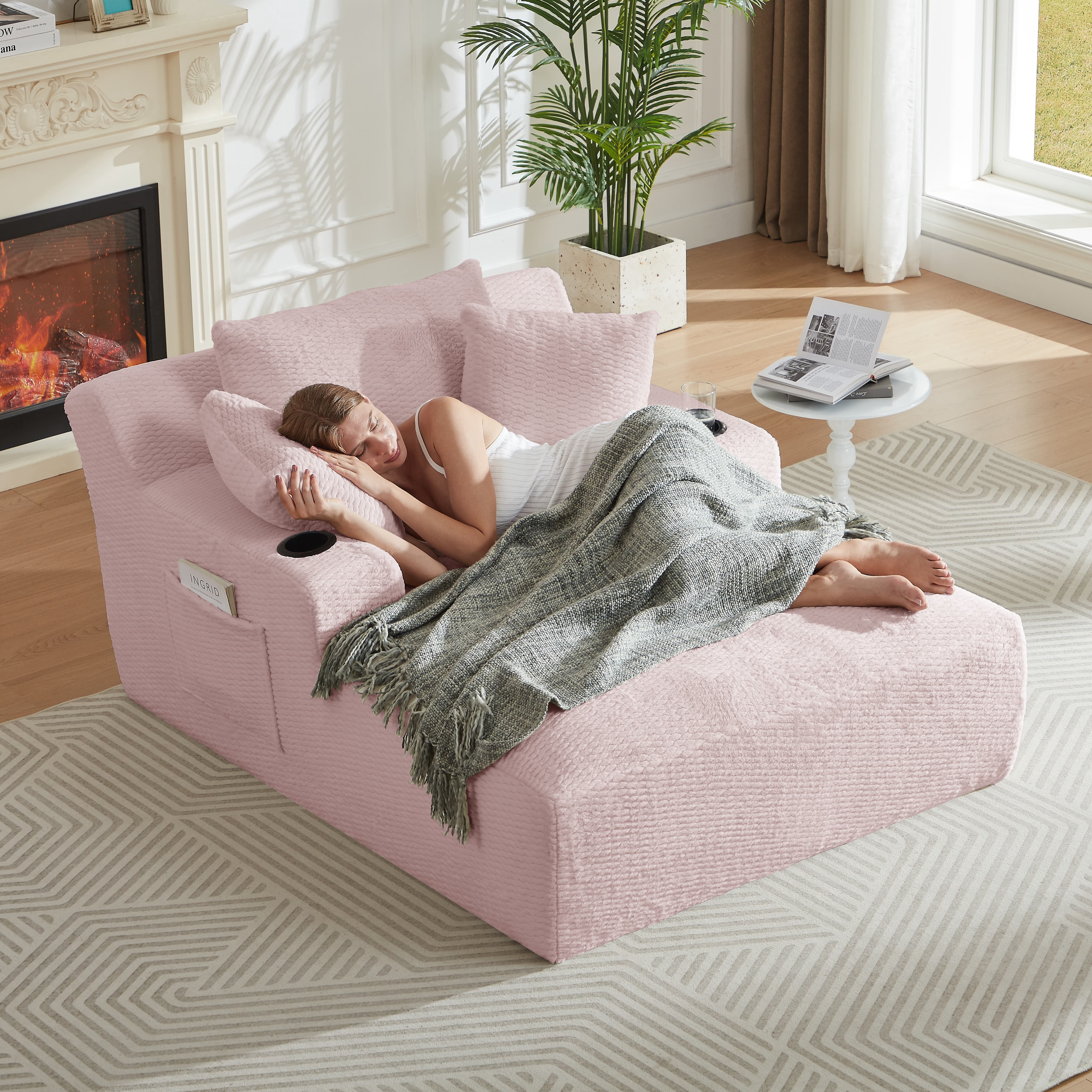 MAYEERTY Oversized Chaise Lounge Chair, Comfy Sleeper with Cup Holders for Living Room & Office, 49*66*28" Pink