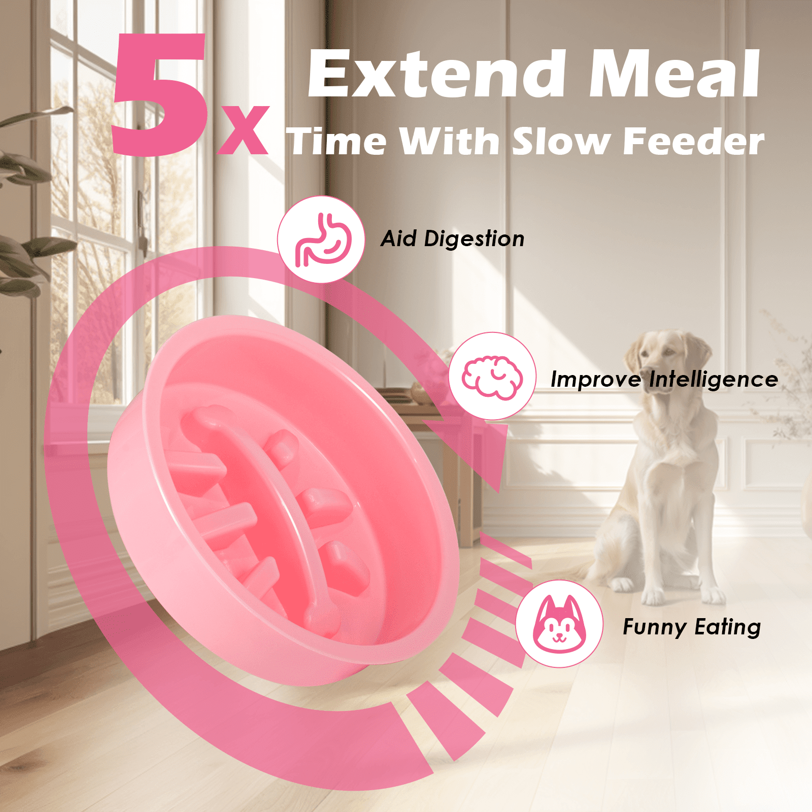 SHAINFUN Pink Raised Dog Bowl Stand with Two 1700ml Stainless Steel Food Bowl, a Slow Dog Bowls and Mat, , Height Adjustable from 4.5in to 12in